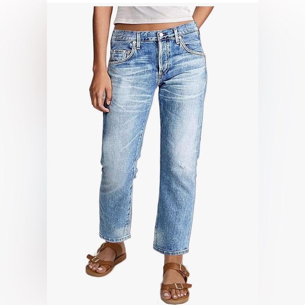 Flamingals Light Wash Straight Leg Cropped Distressed Jeans